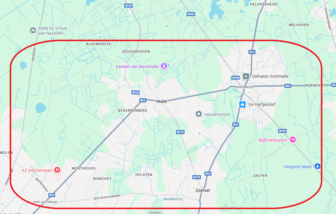 Regiokaart van Malle en Zoersel met aangeduid verzorgingsgebied